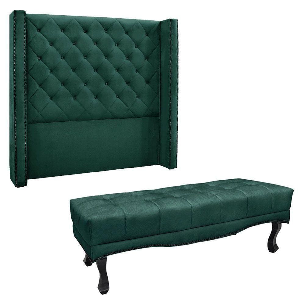 Kit Cabeceira E Calçadeira Casal 1,40M Verde Floresta