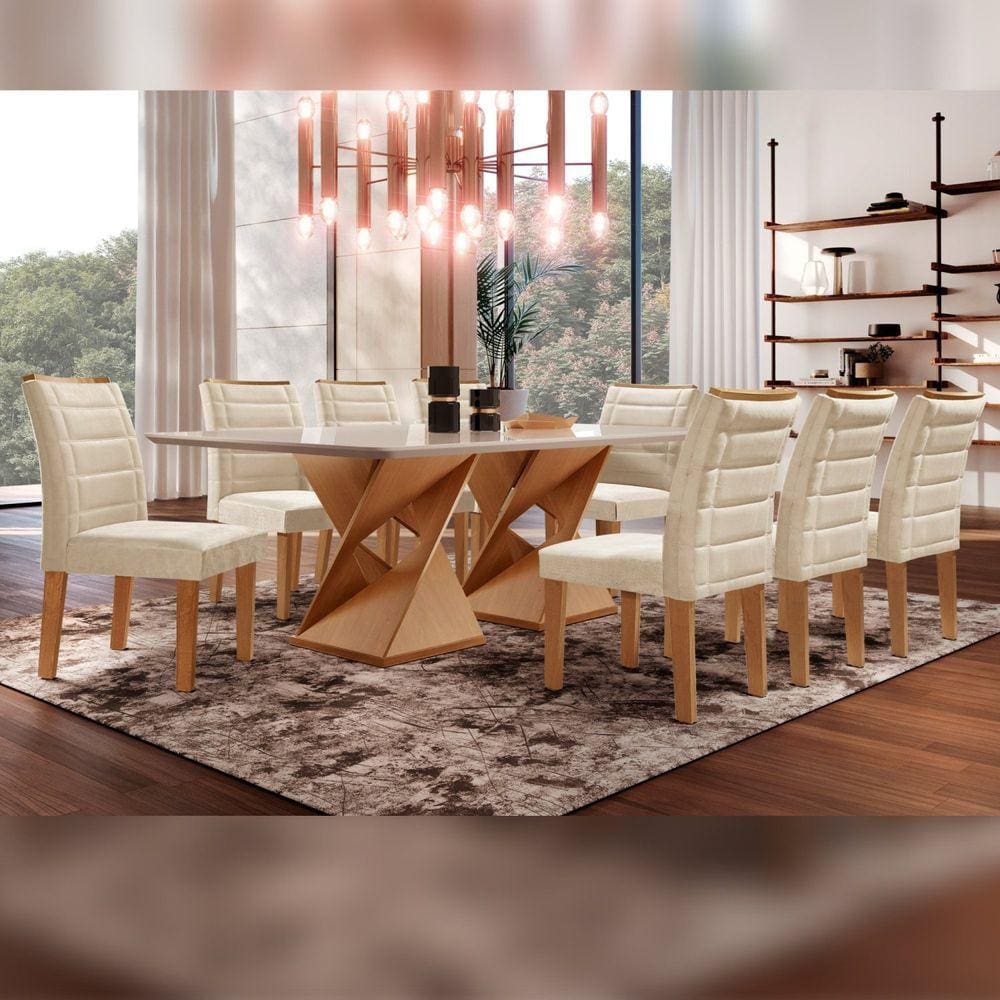 Conjunto Sala De Jantar Genova Tampo Vidro/MDF com 8 Cadeiras Genova Smart Plus Cel Móveis Cinamomo/Off White/Bege