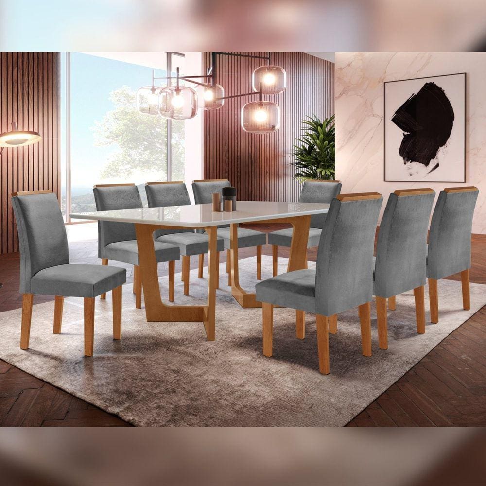 Conjunto Sala De Jantar Nápoles Tampo Vidro/MDF com 8 Cadeiras Luísa Smart Plus Cel Móveis Cinamomo/Off White/Cinza
