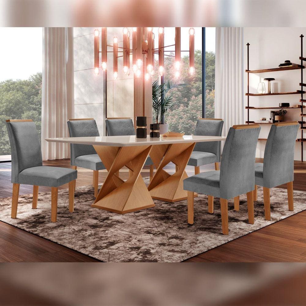 Conjunto Sala De Jantar Genova Tampo Vidro/MDF com 6 Cadeiras Luísa Smart Plus Cel Móveis Cinamomo/Off White/Cinza