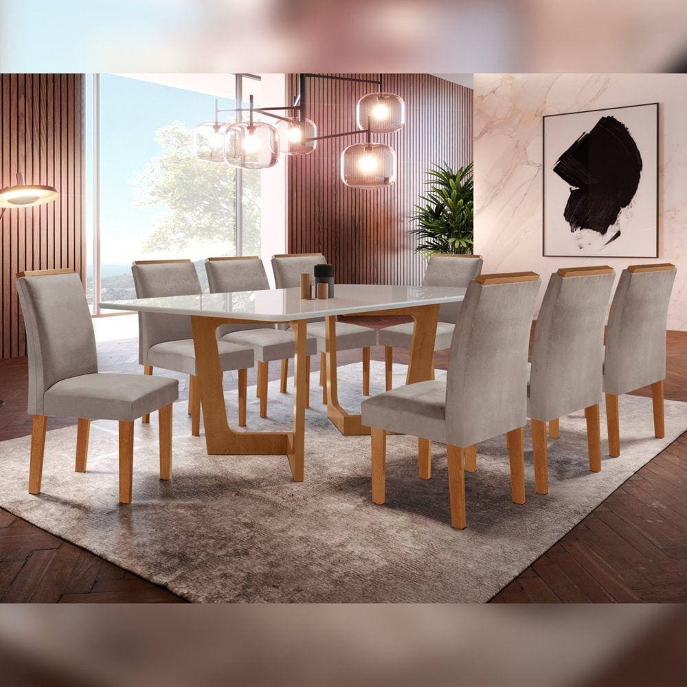 Conjunto Sala De Jantar Nápoles Tampo Vidro/MDF com 8 Cadeiras Luísa Smart Plus Cel Móveis Cinamomo/Off White/Marrom Claro