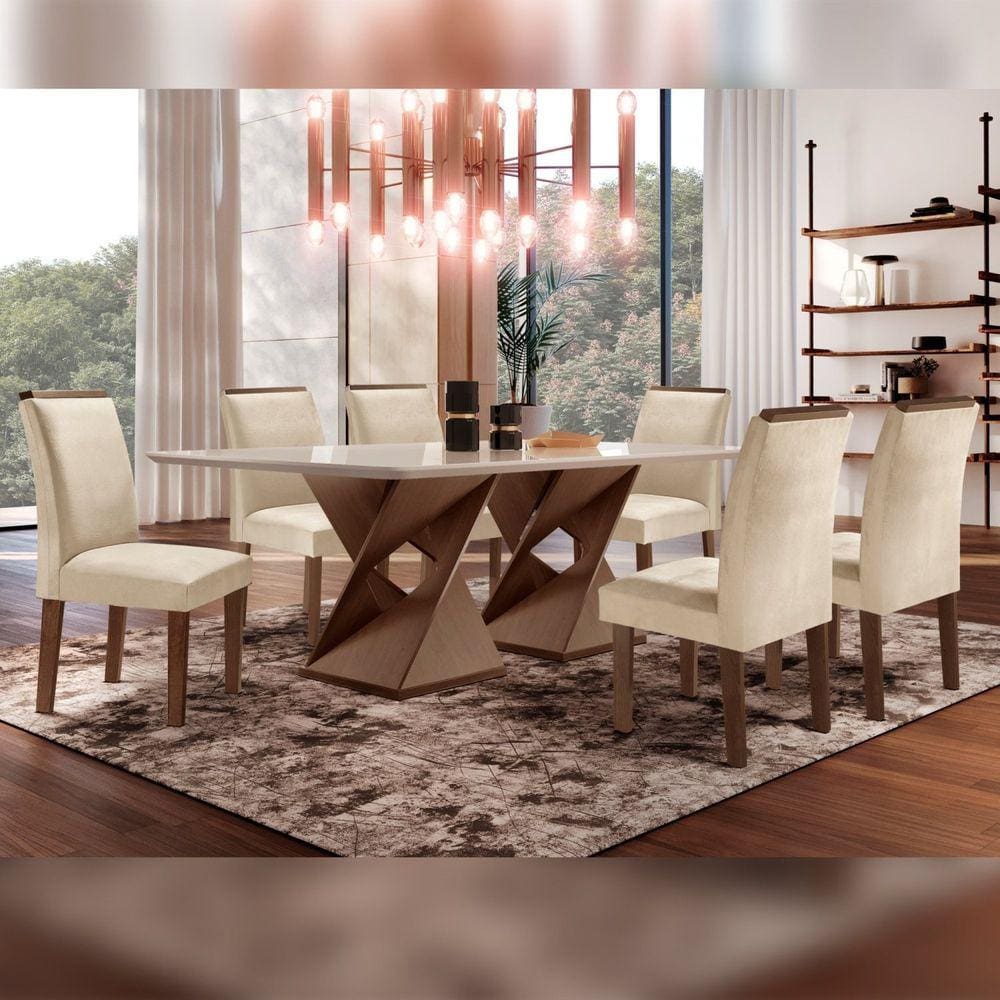 Conjunto Sala De Jantar Genova Tampo Vidro/MDF com 6 Cadeiras Luísa Smart Plus Cel Móveis Chocolate/Off White/Bege