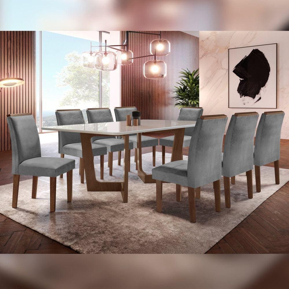 Conjunto Sala De Jantar Nápoles Tampo Vidro/MDF com 8 Cadeiras Luísa Smart Plus Cel Móveis Chocolate/Off White/Cinza