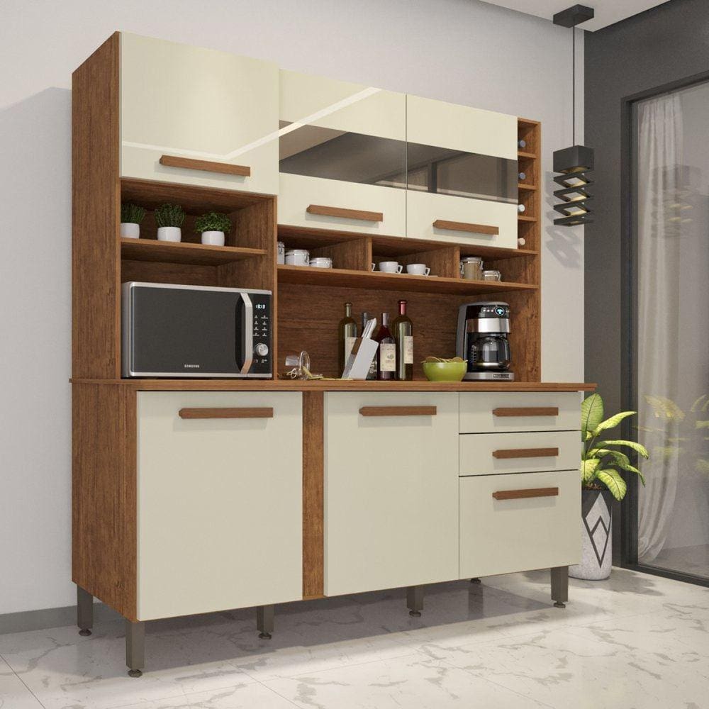 Armário para Cozinha Espelhada 6 Portas 2 Gavetas Alexia IMOP Móveis Cinamomo/Off White