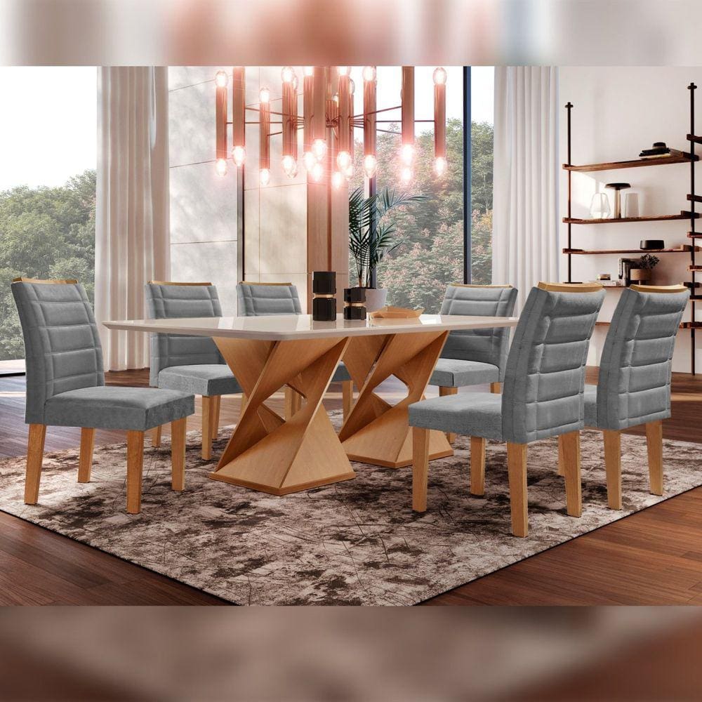 Conjunto Sala De Jantar Genova Tampo Vidro/MDF com 6 Cadeiras Genova Smart Plus Cel Móveis Cinamomo/Off White/Cinza
