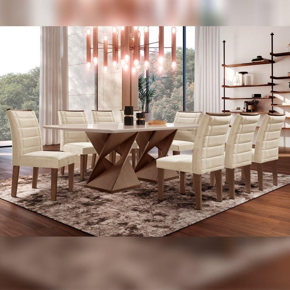 Conjunto Sala De Jantar Genova Tampo Vidro/MDF com 8 Cadeiras Genova Smart Plus Cel Móveis Chocolate/Off White/Bege
