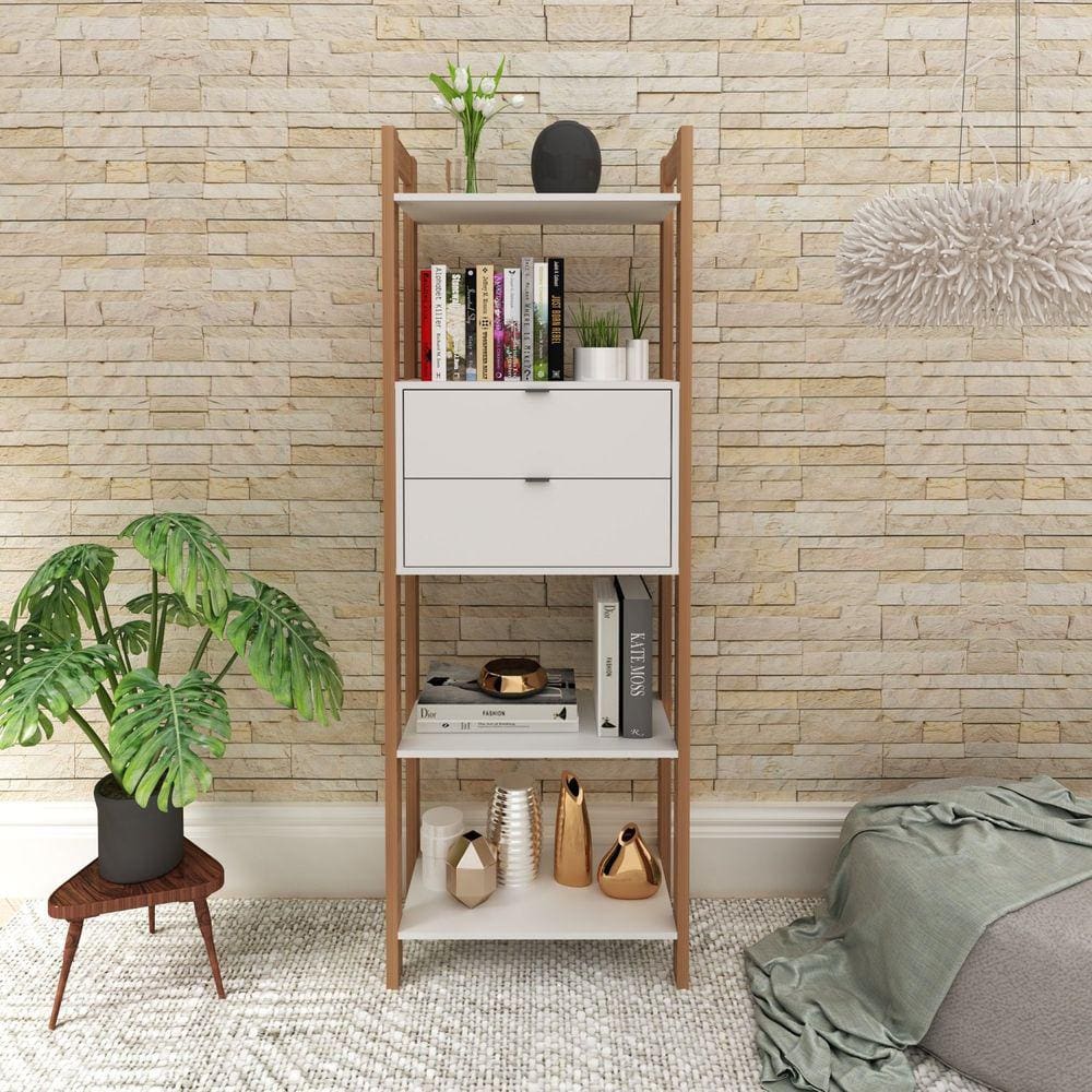 Estante Haia com 4 Prateleiras e 2 Gavetas Yescasa Amêndoa/Branco