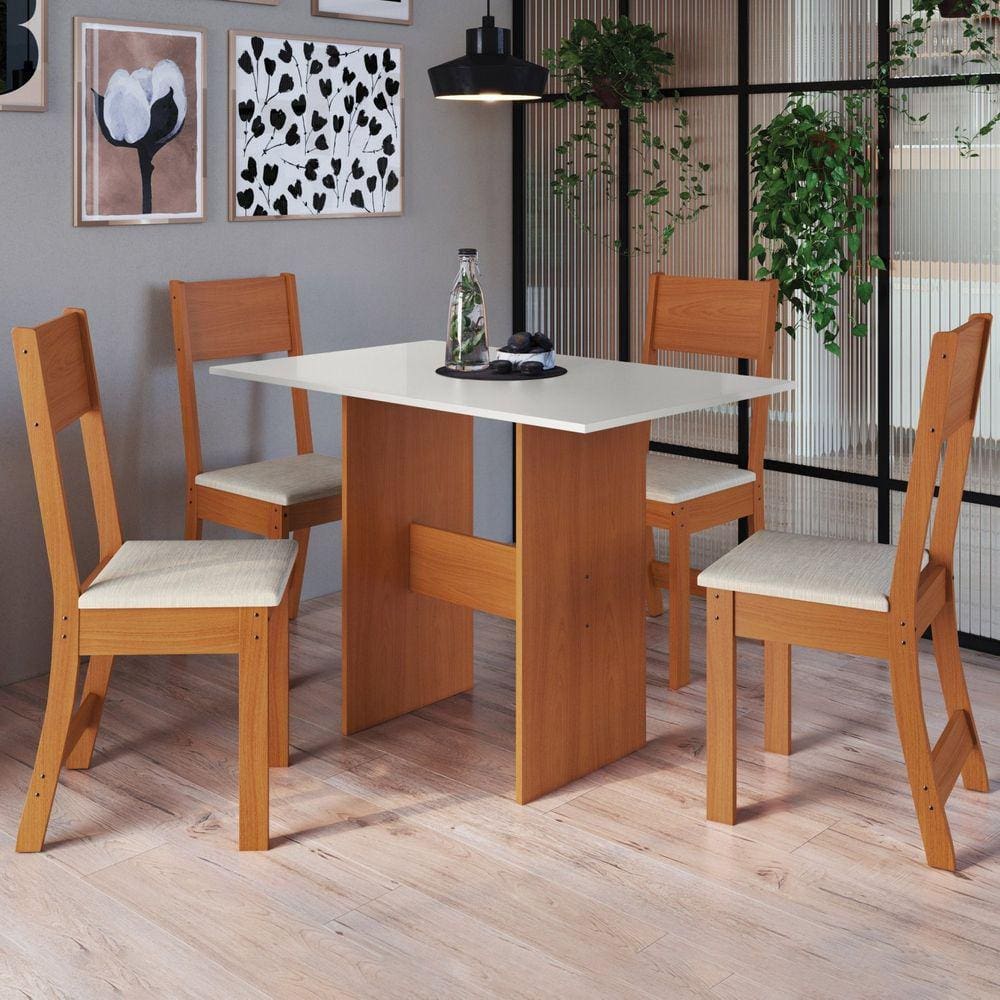 Conjunto Sala de Jantar 1 Mesa 4 Cadeiras Viena Indekes Freijó/Off/Linho