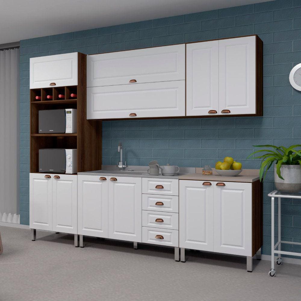 Armário de Cozinha Completa 6 Peças com Tampo e Espaço para Micro-ondas Safira Luciane Móveis