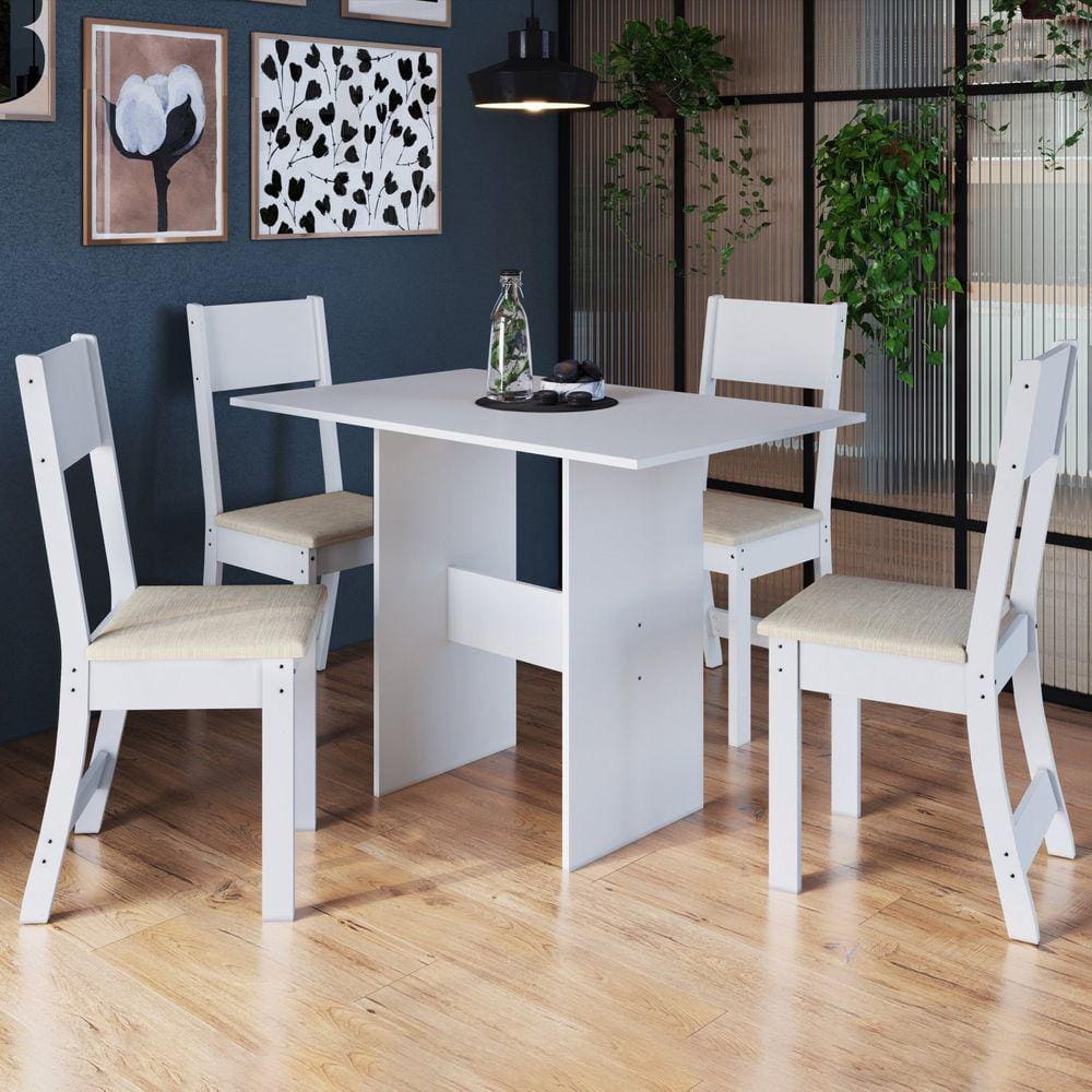 Conjunto Sala de Jantar 1 Mesa 4 Cadeiras Viena Indekes Branco/Linho