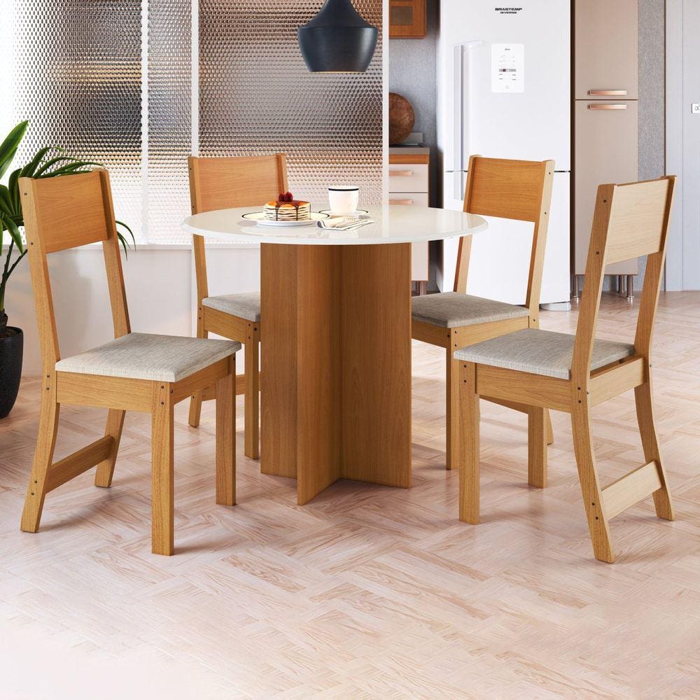 Conjunto Sala de Jantar 1 Mesa 4 Cadeiras Malta Indekes Freijó/Off White/Linho