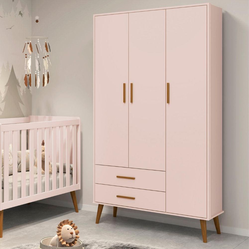 Guarda Roupa de Bebê 3 Portas 2 Gavetas Isis Móveis Reller Rosa