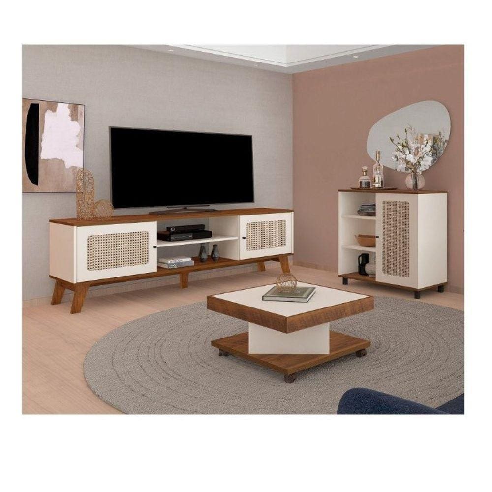 Sala de Estar Completa Rack para TV até 60 Polegadas Buffet e Mesa de Centro Memphis Saara Artely Pinho/Off White