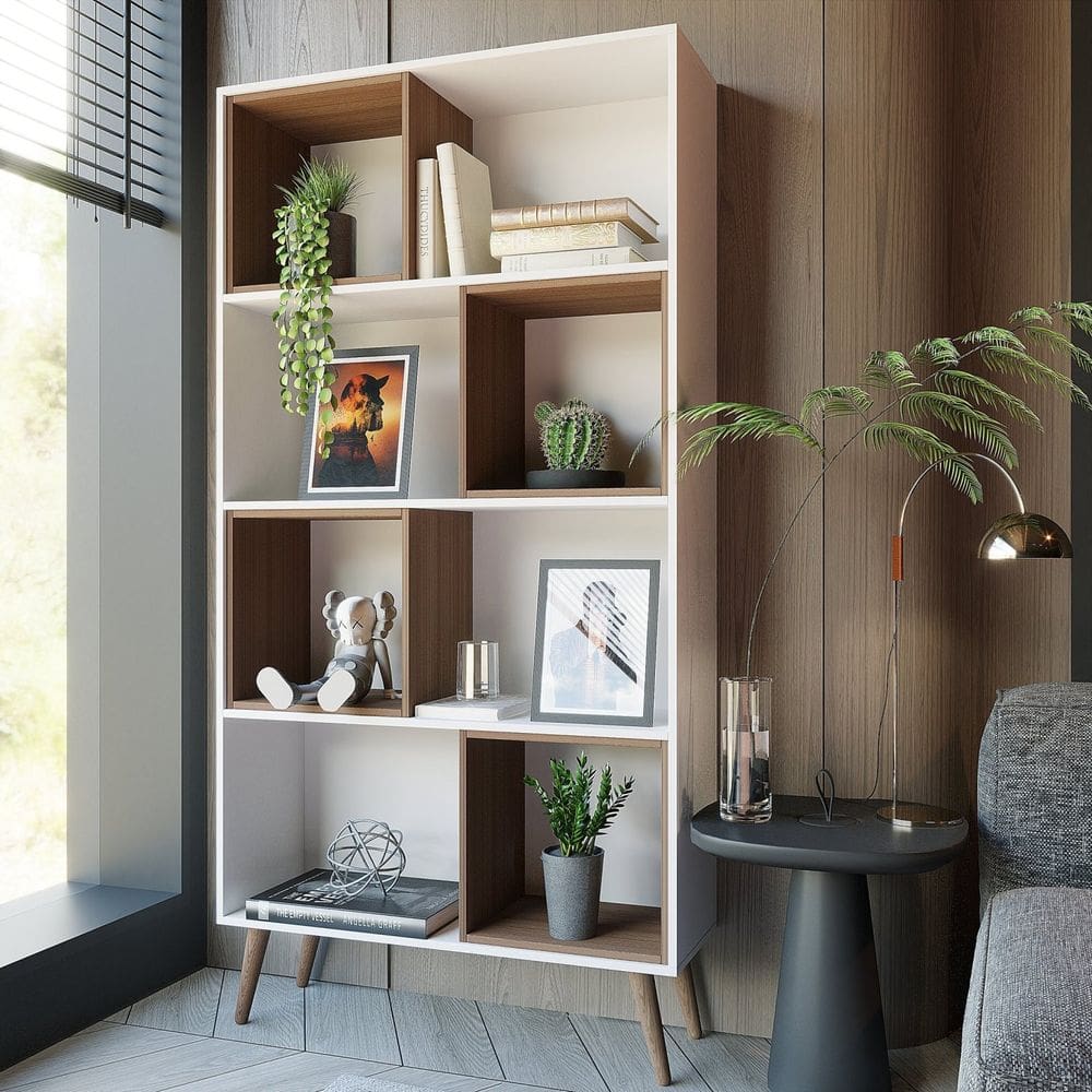 Estante para Livros Retrô com 4 Nichos Removíveis 180cmx90cm Atlas Yescasa Branco/Freijó