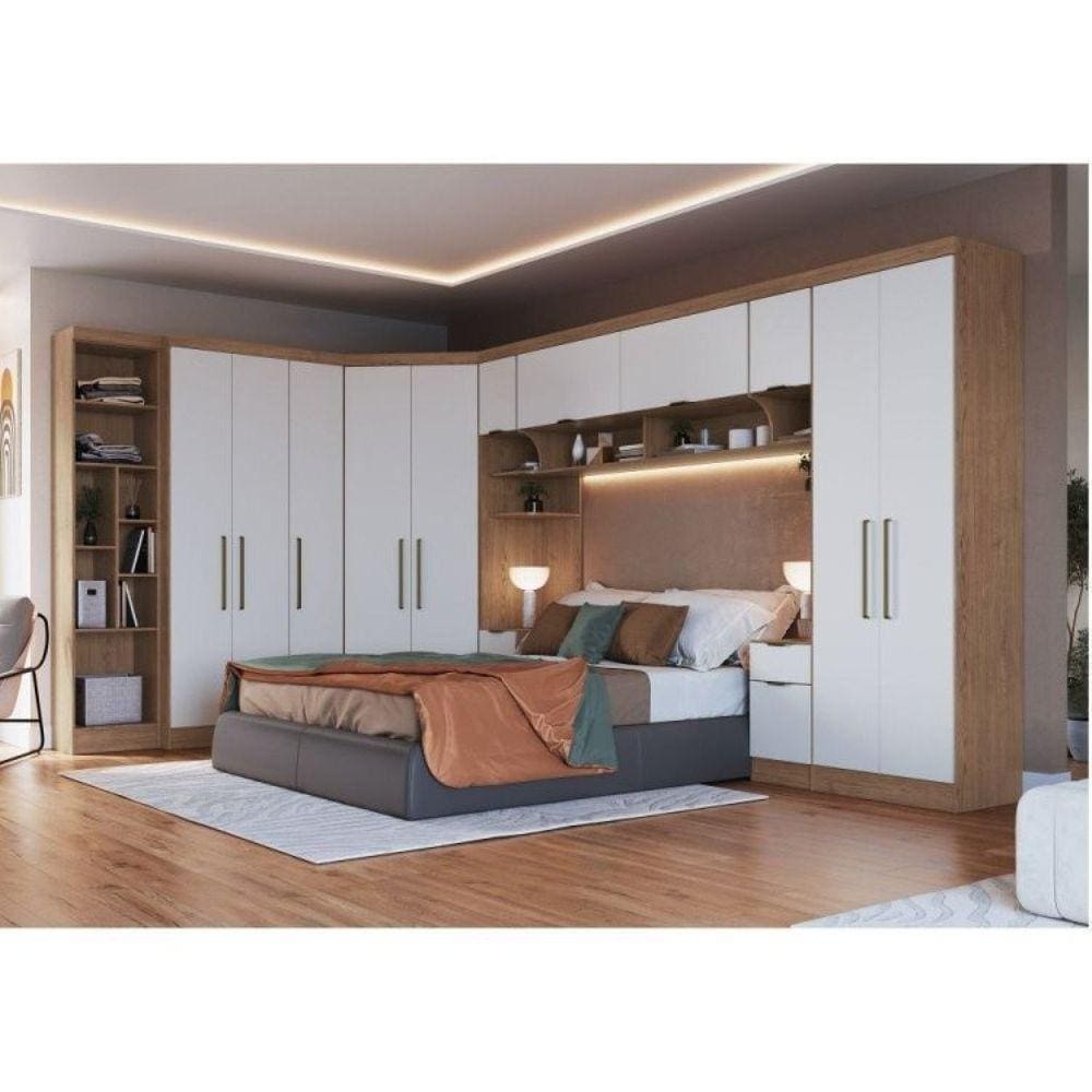 Guarda Roupa Casal 7 Peças com Nicho Infinity Móveis Castro Macadâmia/Branco Line