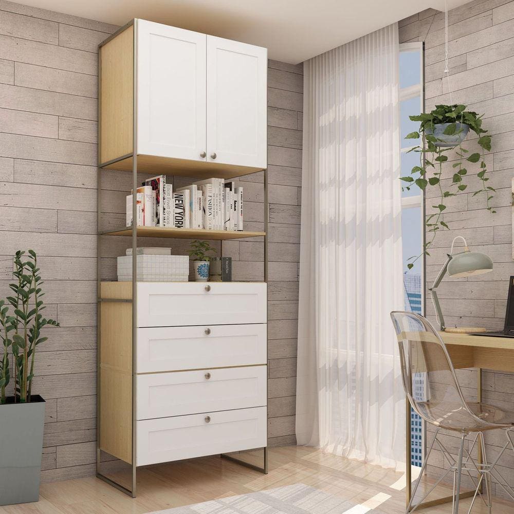 Estantes Para Livros Provençal 2 Portas 4 Gavetas 100% MDF com Metalon Infinity Genialflex Savana/Branco