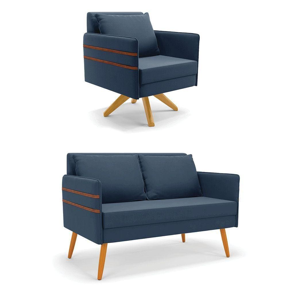 Kit 01 Namoradeira E 01 Poltrona Suede Ma30 Azulnho