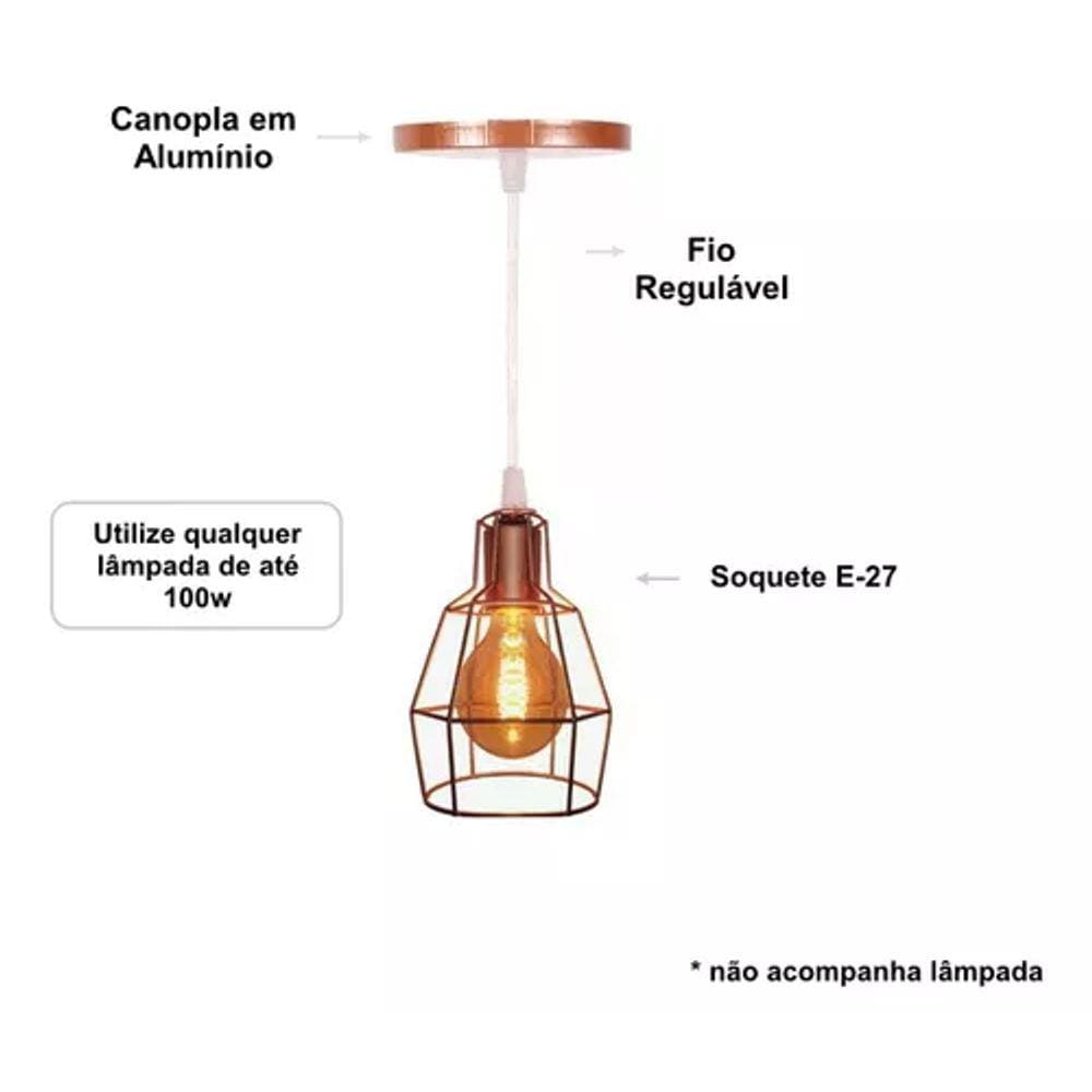 Lustre Pendente Aramado Retrô Lanterna Rose Gold 2m