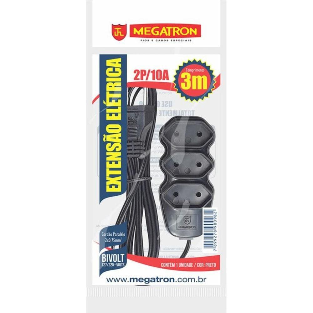 Extensao 3 Tom. Paral.2X0,75X3,00Mt 2P 10A/250V Pt Megatron