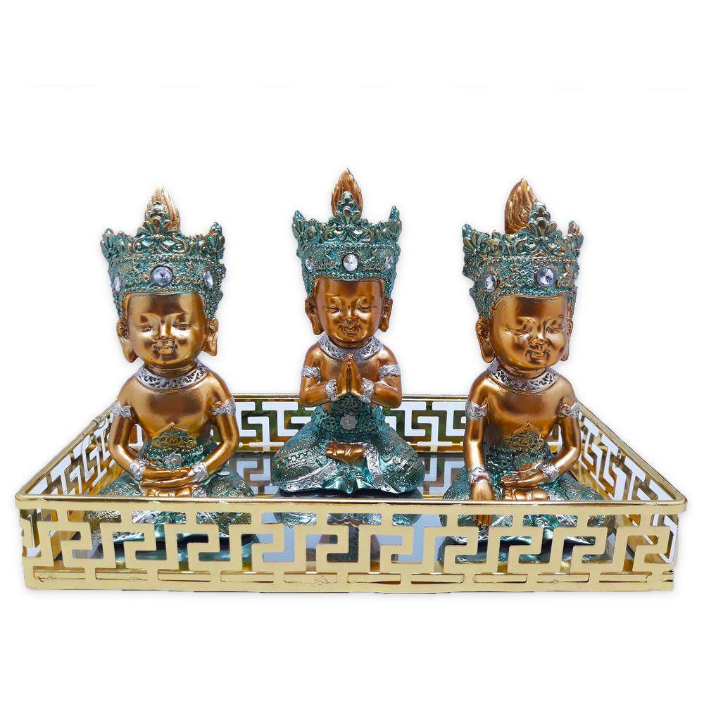 Trio de Buda Tailandês Azul Bandeja Espelhada 20x10