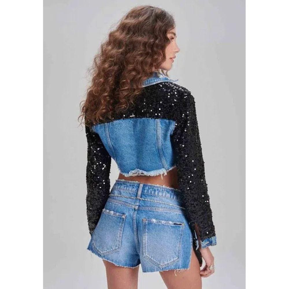 Jaqueta Jeans Cropped Com Paete Feminina Myft