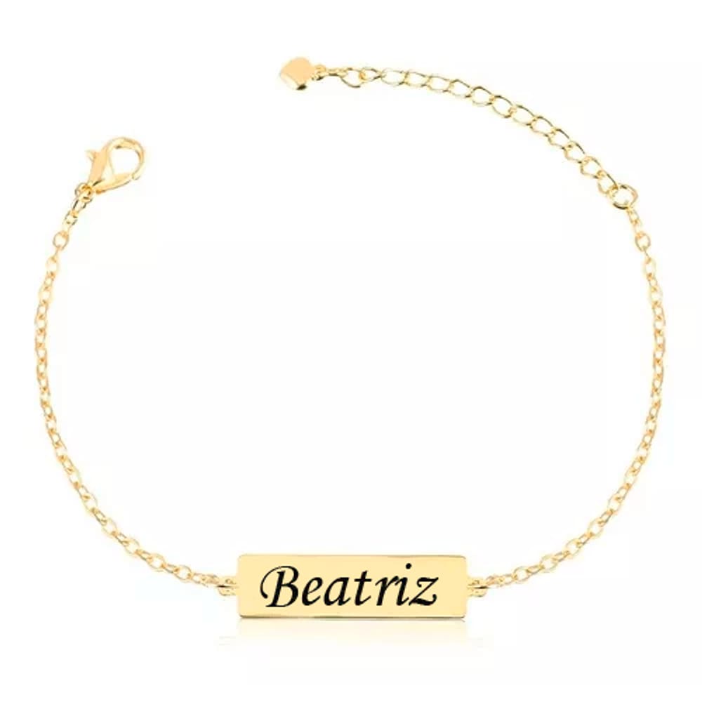 Pulseira Personalizada Placa Retangular Com Nome Banhada Em Ouro 18K
