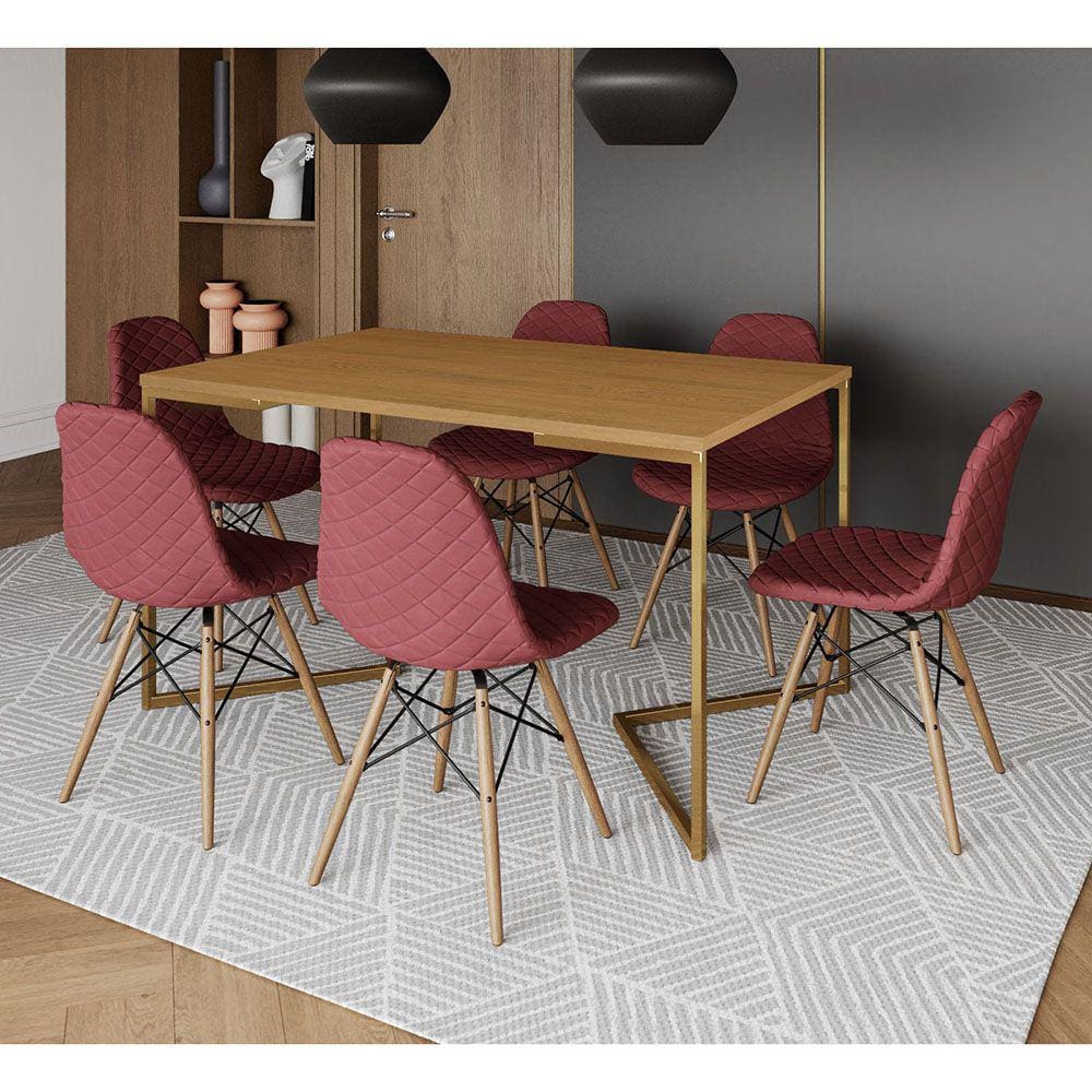 Mesa Industrial Retangular Canela Base V Dourada 137x90cm C/ 6 Cadeiras Madeira Estofadas Vermelhas