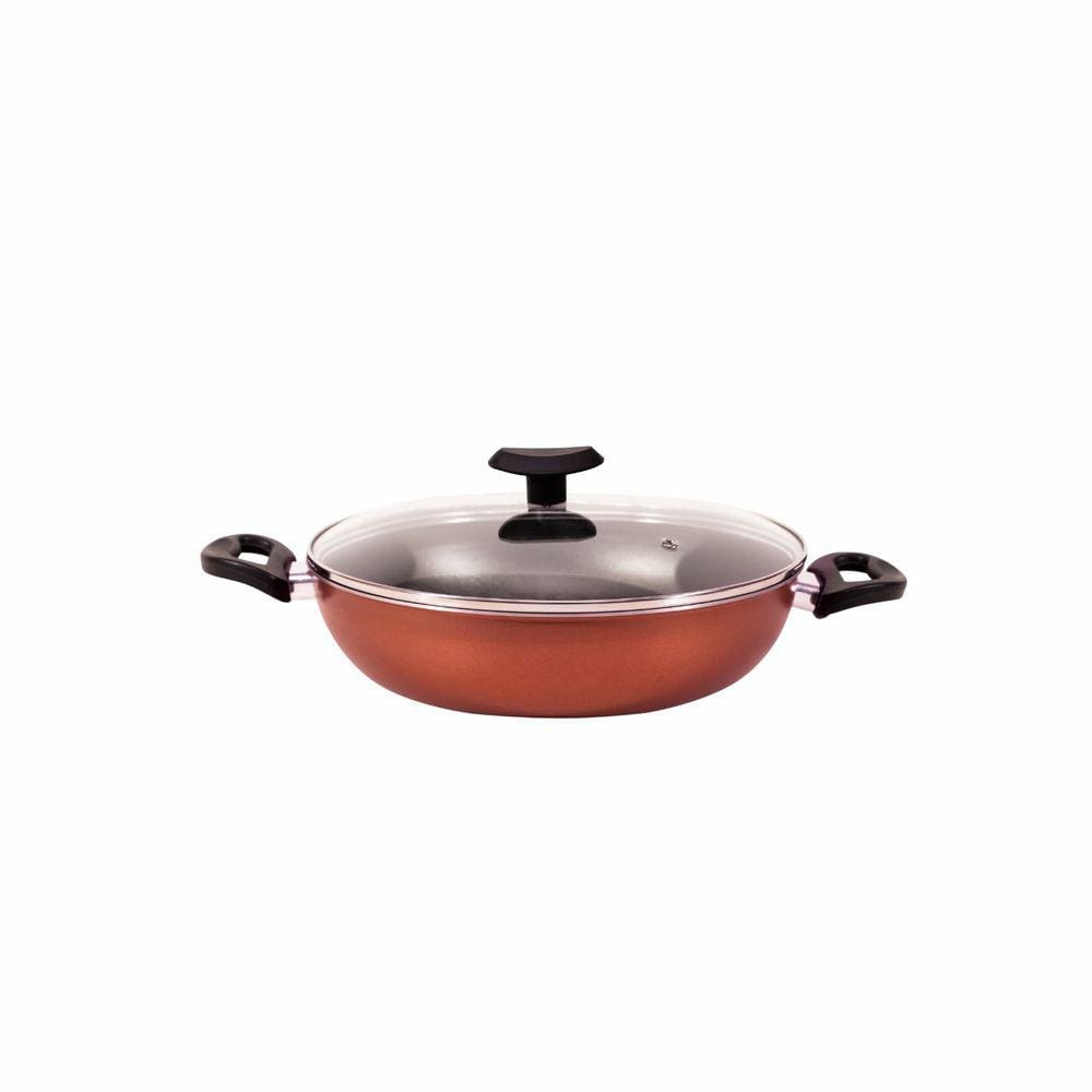 Panela Frigideira Caçarola Wok Nº 26 Antiaderente com Tampa de Vidro Cobre