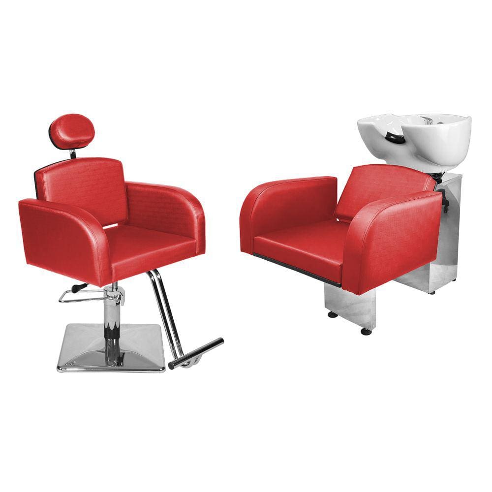 Kit Salão Destak Cadeira Reclinável Base Quadrada + Lavatório Vermelho