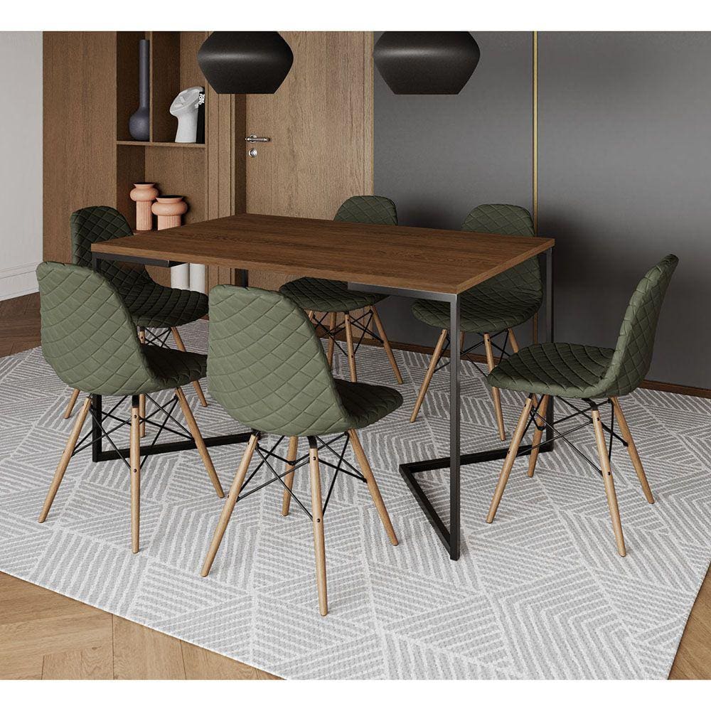 Mesa Industrial Retangular Base V Aço Preto 137x90cm Amêndoa 6 Cadeiras Madeira Estofadas Verde