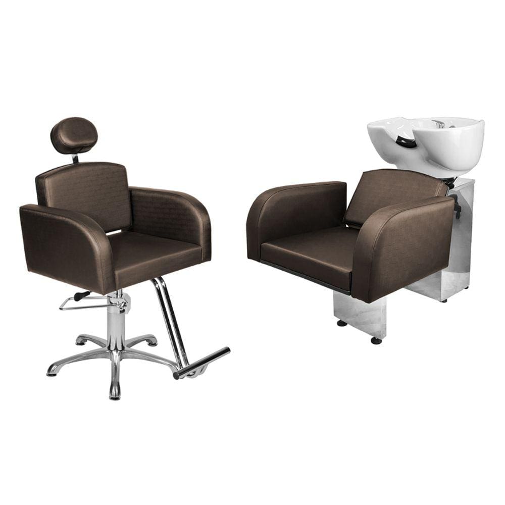 Kit Salão Destak Cadeira Reclinável Base Estrela + Lavatório Marrom Facto