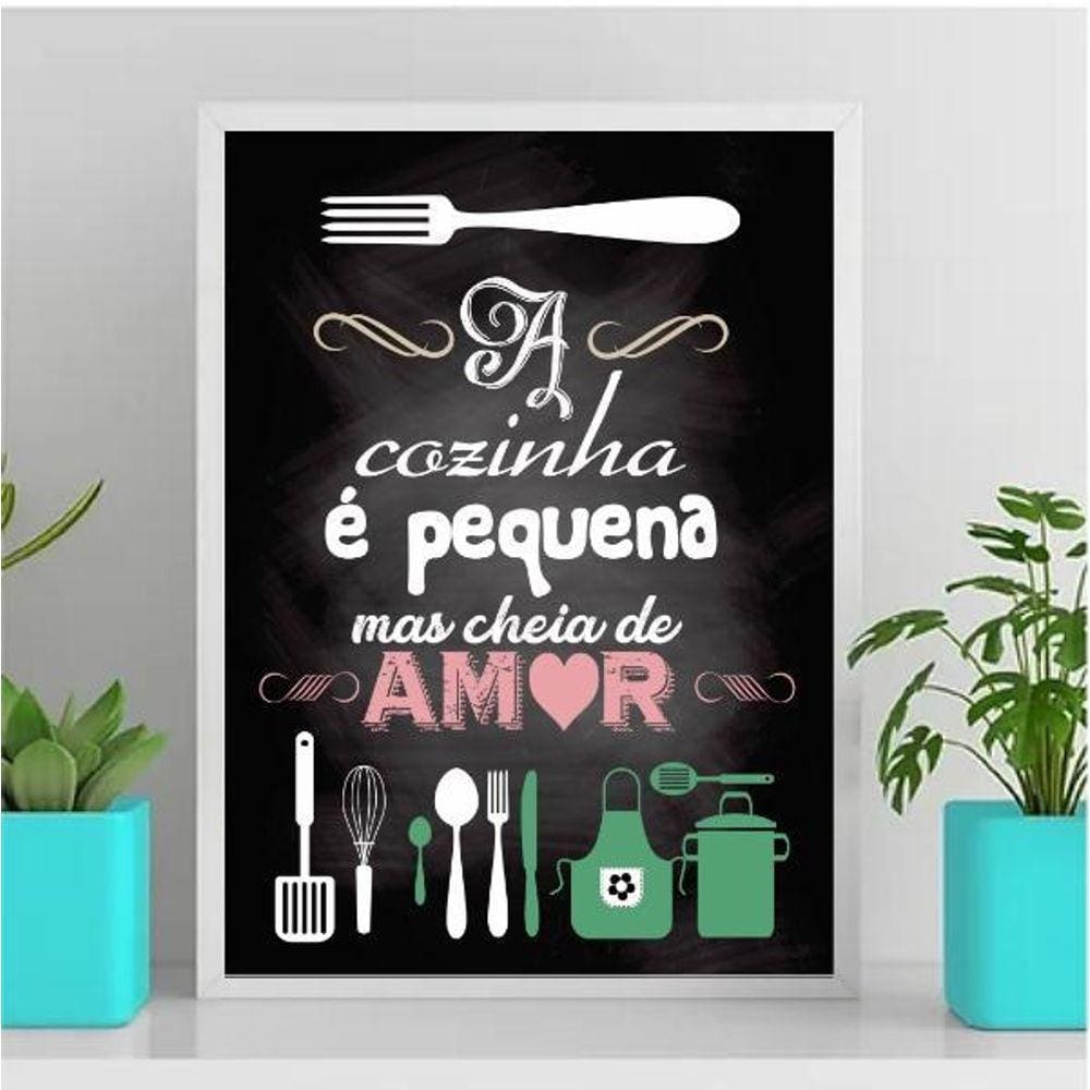 Quadro Decorativo Cozinha Pequena 45X34Cm - Com Vidro Preta