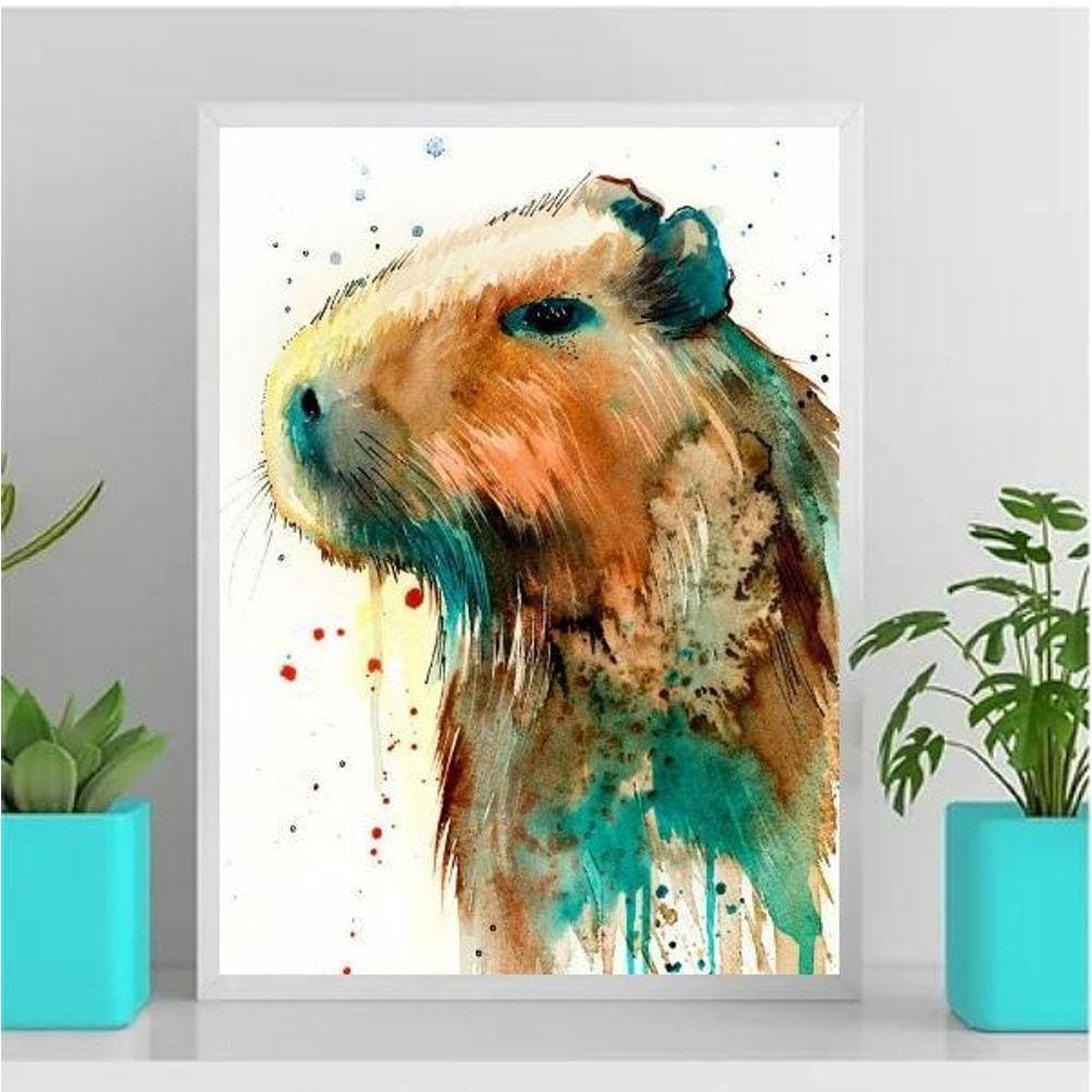 Quadro Decorativo Capivara Aquarela 45X34Cm Com Vidro Preta