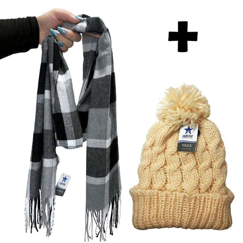 Cachecol Xadrez Inverno Frio Festa Junina Touca Pompom Chic