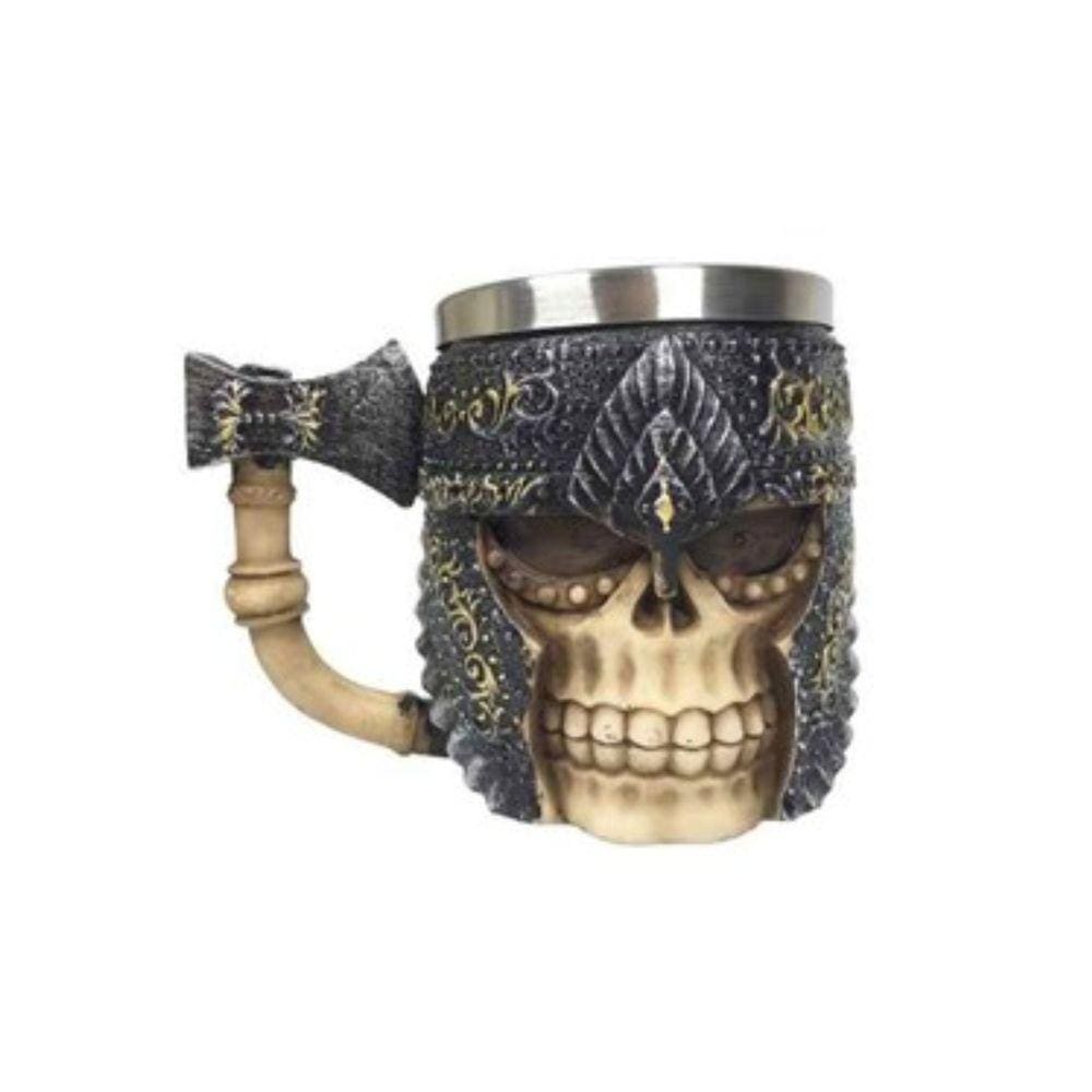 Caneca Caveira Guerreiro Viking Machado Medieval Inox Chopp