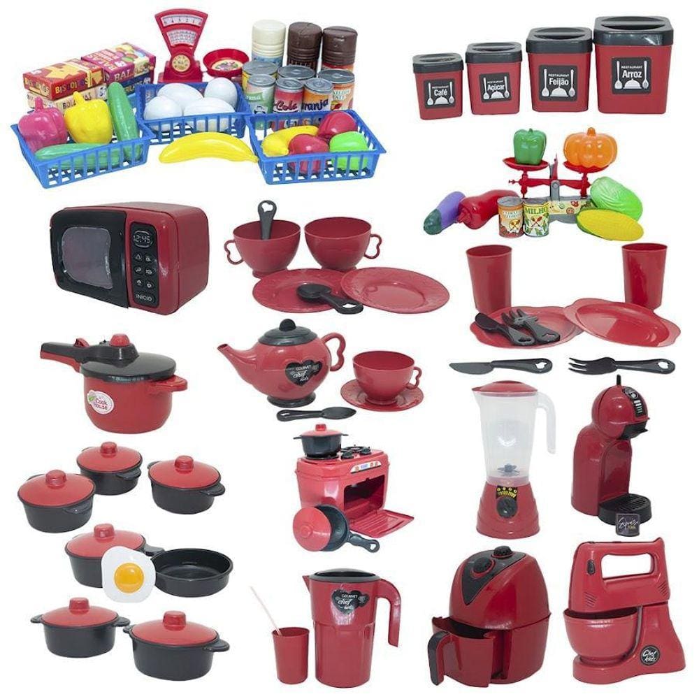 Cozinha Brinquedo Vermelho Mercado Jogo Panela Air Fryer 86P
