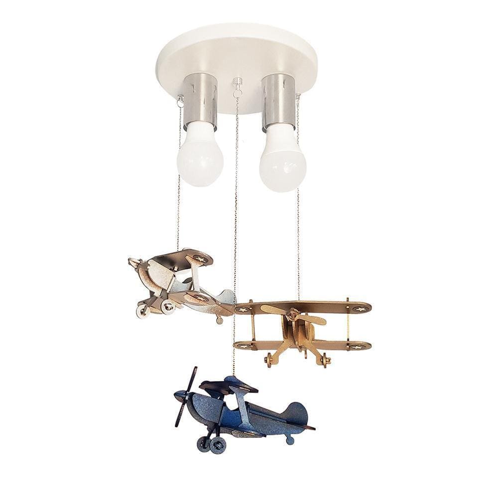 Lustre Luminária Infantil Aviões Azul, Bronze E Prata 20X47
