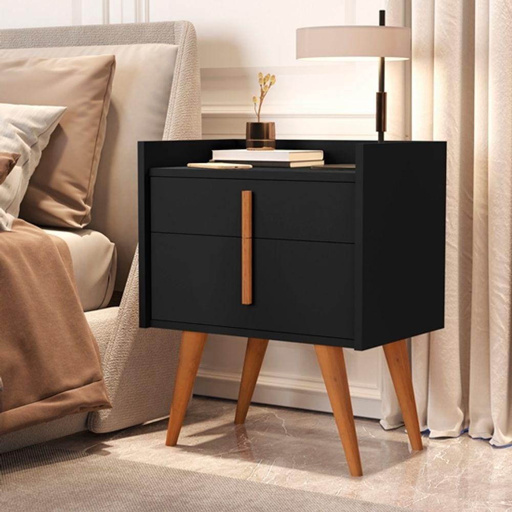 Mesa de Cabeceira Davi Pé Palito Madeira Porta e Gaveta Preto - Comprar Moveis em Casa