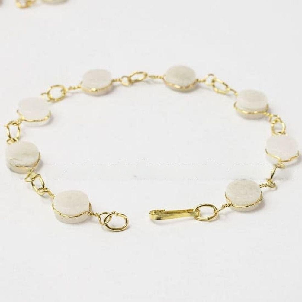 Pulseira Disco Pedra Quartzo Leitoso Ranhurado Dourado