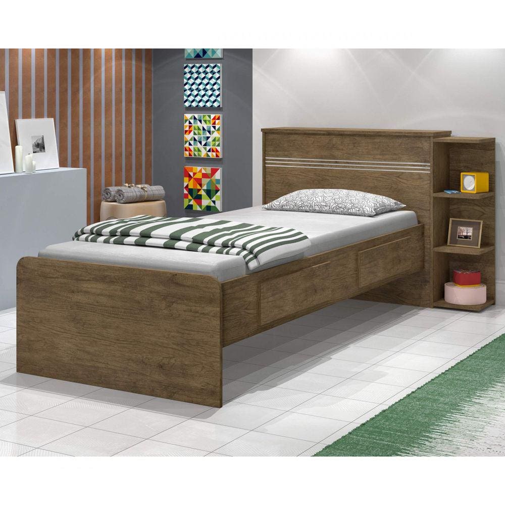 Cama Solteiro Jade com Baú 2 Gavetas J&A Móveis Jequitiba