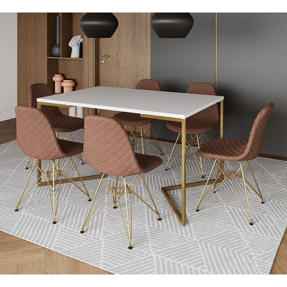 Mesa Jantar Industrial Branca Base V Dourada 137x90cm 6 Cadeiras Estofadas Caramelo Dourada