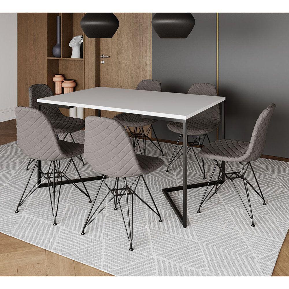 Mesa Jantar Industrial Branca 137x90cm Base V com 6 Cadeiras Estofadas Grafite Eiffel Aço Preto