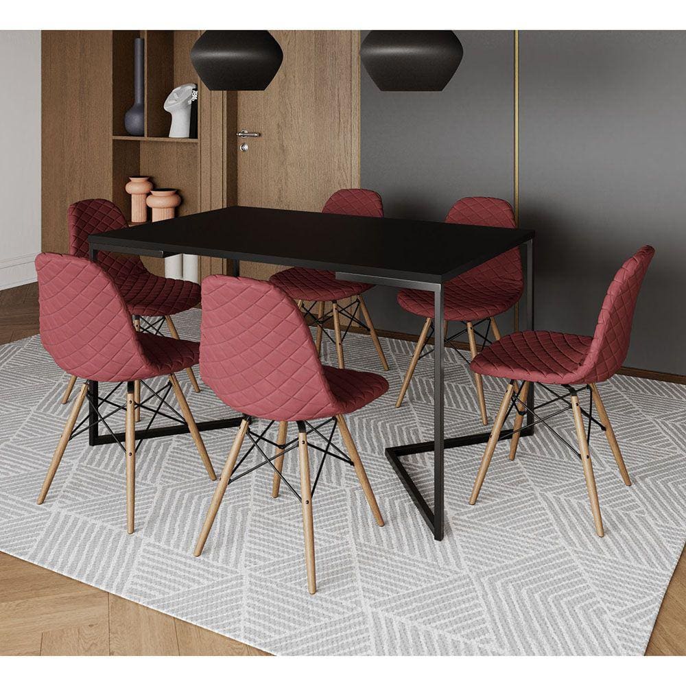 Mesa Jantar Industrial Preta 137x90cm Base V Aço Preto C/ 6 Cadeiras Madeira Estofadas Vermelhas