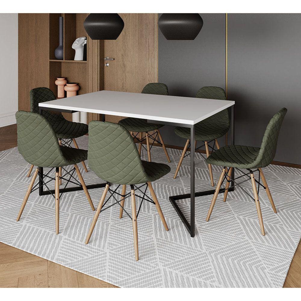 Mesa Jantar Industrial Branca 137x90cm Base V Aço Preto C/ 6 Cadeiras Madeira Estofadas Verdes