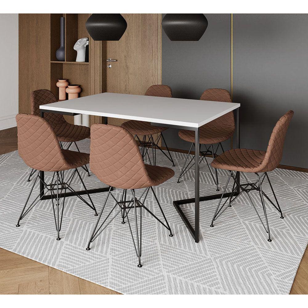 Mesa Jantar Industrial Branca 137x90cm Base V com 6 Cadeiras Estofadas Caramelo Eiffel Aço Preto 