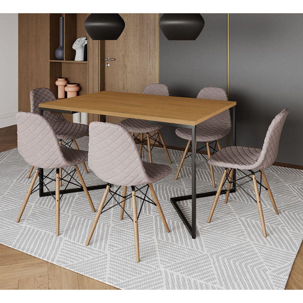 Mesa Jantar Industrial Canela 137x90cm Base V Aço Preto C/ 6 Cadeiras Madeira Estofadas Nude Médio