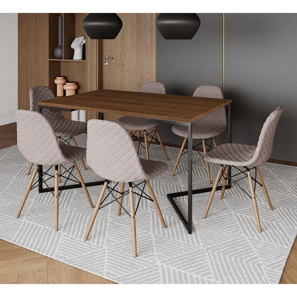 Mesa Jantar Industrial Amêndoa 137x90cm Base V Aço Preto C/ 6 Cadeiras Madeira Estofadas Nude Médio