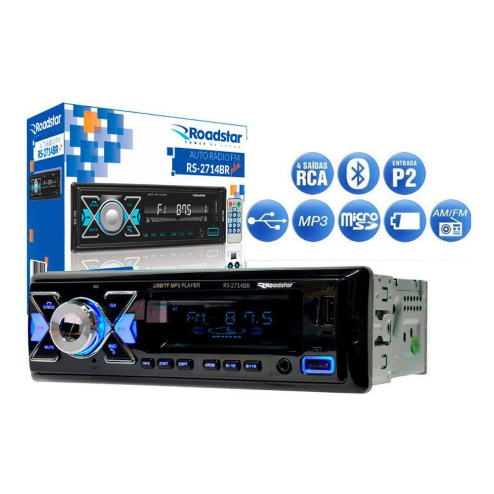 Rádio MP3 Player Roadstar RS2714BR BT/2 USB/SD/FM/Auxiliar C/Controle - 4 x 55w