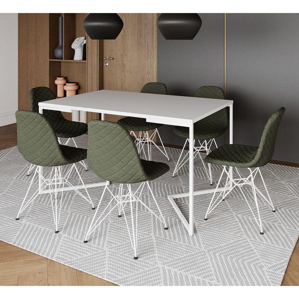 Mesa Jantar Industrial Branca Base V 137x90cm C/ 6 Cadeiras Estofadas Verdes Eiffel Aço Branco