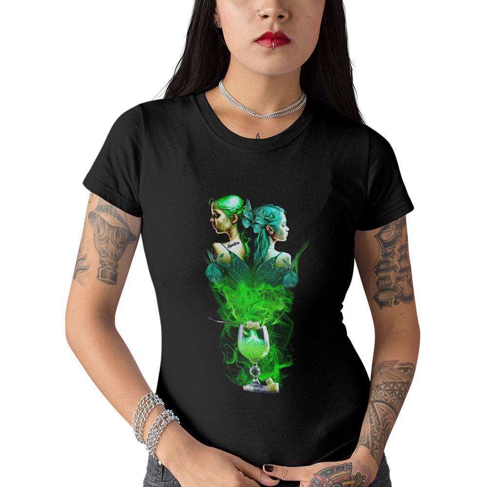 Camiseta Feminina Preta Drink Absinto Brisa Fadas Verdes